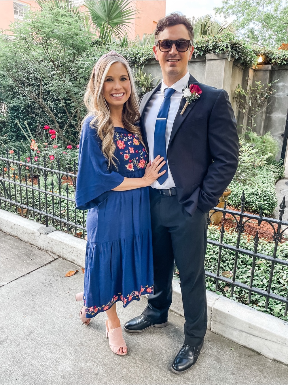 Girls Navy Floral Embroidered Tiered Dress - Picture 2 of 2